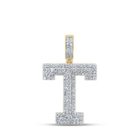 14kt Yellow Gold Men's Round Diamond T Initial Letter Charm Pendant - 1 - 1/2 Cttw - Splendid Jewellery