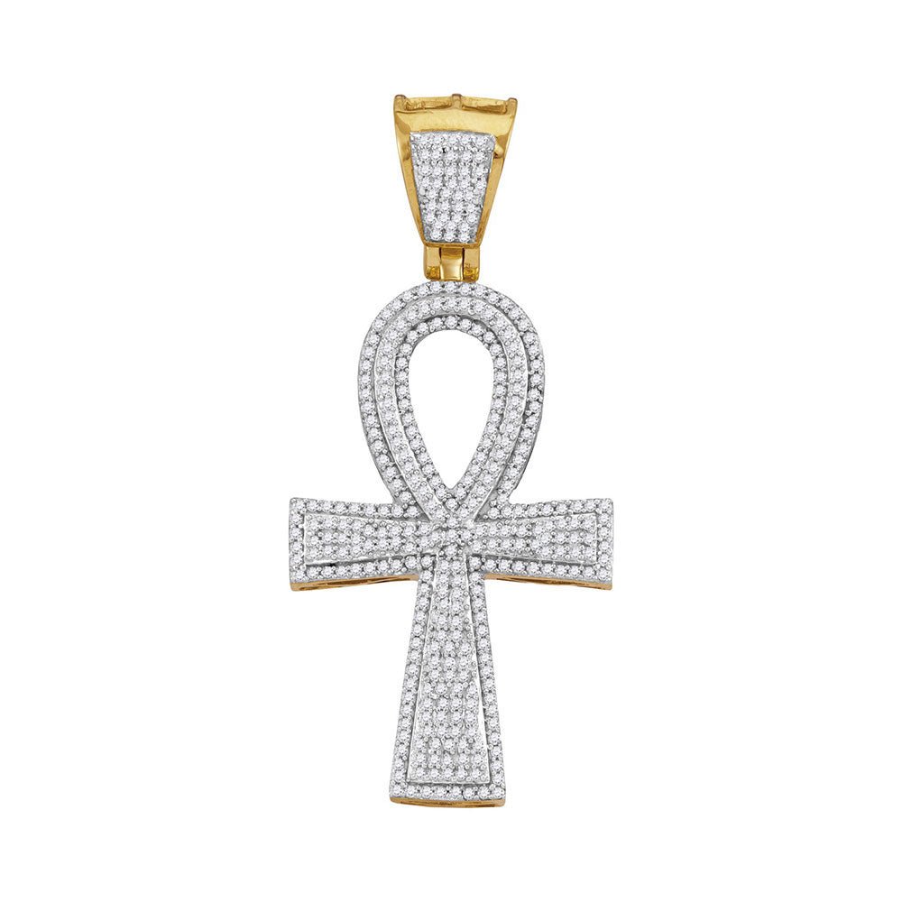 10K Yellow Gold Round Diamond Ankh Flared Cross Charm Pendant 1 Cttw - Splendid Jewellery