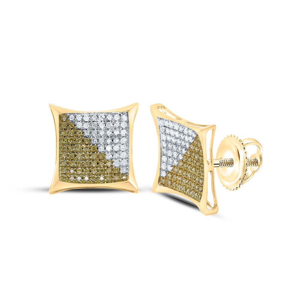 10K Yellow Gold Round Diamond Yellow Color Enhanced Square Kite Cluster Screwback Earrings 1/2 Cttw - Splendid Jewellery