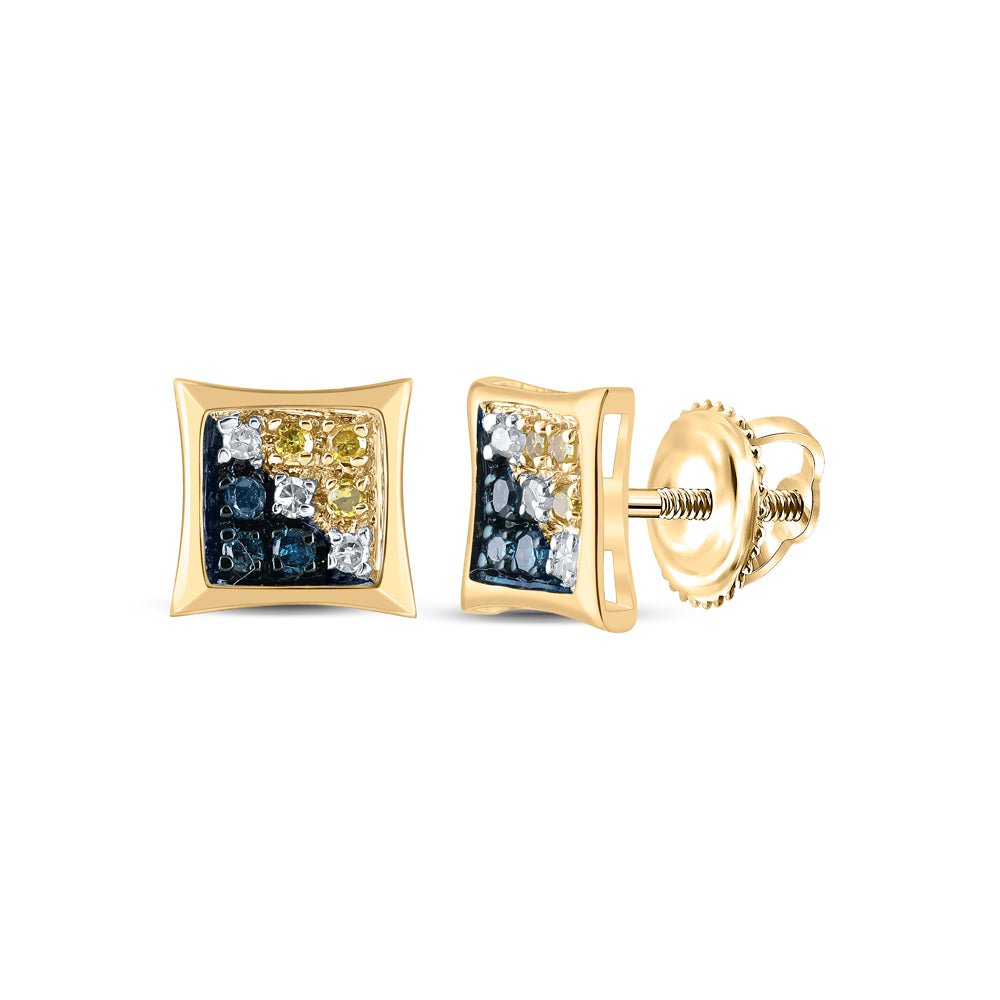 10K Yellow Gold Round Diamond Blue Color Enhanced Square Kite Earrings 1/20 Cttw - Splendid Jewellery