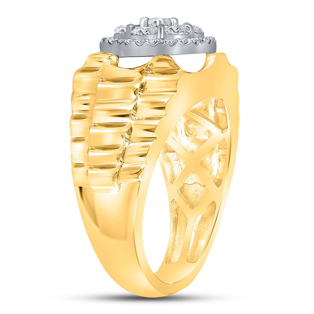 10kt Two-tone Gold Diamond 10kt Two-Tone Yellow  Mens   Flower Cluster Ribbed Ring 1 Cttw | Natural Round Diamonds