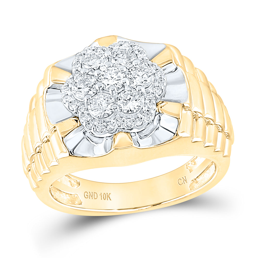 10kt Two-tone Gold Diamond 10kt Two-Tone Yellow  Mens   Flower Cluster Ribbed Ring 1 Cttw | Natural Round Diamonds