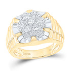 10kt Two-tone Gold Diamond 10kt Two-Tone Yellow  Mens   Flower Cluster Ribbed Ring 1 Cttw | Natural Round Diamonds