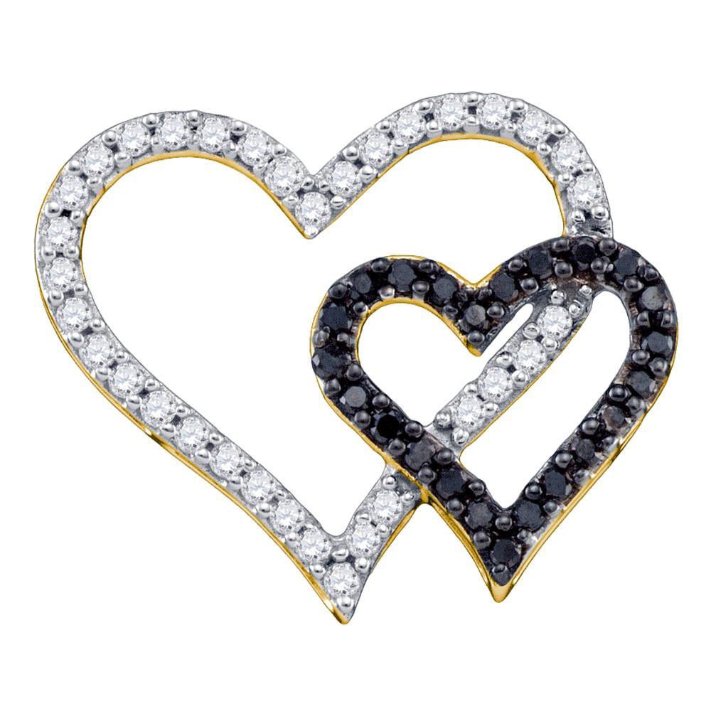 10K Yellow Gold Womens Black Color Enhanced Diamond Double Heart Pendant 1/2 Cttw - Splendid Jewellery