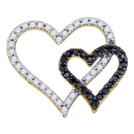 10K Yellow Gold Womens Black Color Enhanced Diamond Double Heart Pendant 1/2 Cttw - Splendid Jewellery