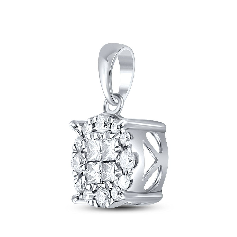 14K White Gold Princess Diamond Womens Princess Fashion Cluster Pendant 1/4 Cttw - Splendid Jewellery