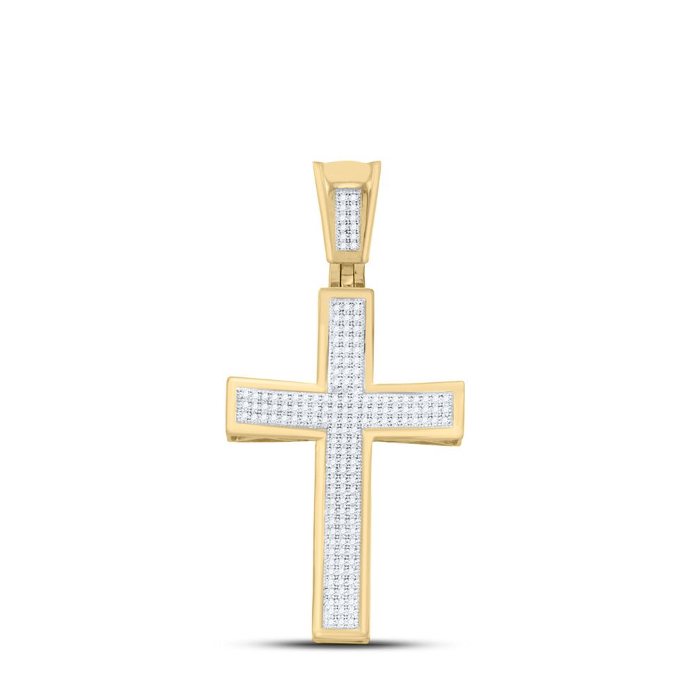 10K Yellow Gold Round Diamond Concave Cross Charm Pendant 1/2 Cttw - Splendid Jewellery