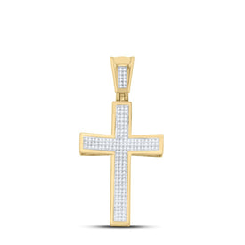 10K Yellow Gold Round Diamond Concave Cross Charm Pendant 1/2 Cttw - Splendid Jewellery