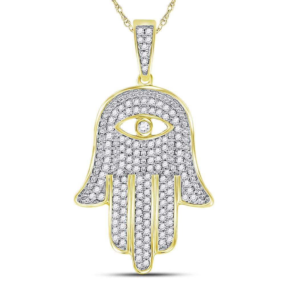 10K Yellow Gold Round Diamond Eye Of Fatima Hamsa Hand Charm Pendant 3/8 Cttw - Splendid Jewellery