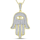 10K Yellow Gold Round Diamond Eye Of Fatima Hamsa Hand Charm Pendant 3/8 Cttw - Splendid Jewellery
