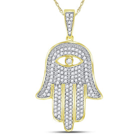 10K Yellow Gold Round Diamond Eye Of Fatima Hamsa Hand Charm Pendant 3/8 Cttw - Splendid Jewellery