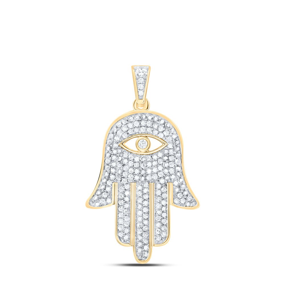 10K Yellow Gold Round Diamond Eye Of Fatima Hamsa Hand Charm Pendant 3/8 Cttw - Splendid Jewellery