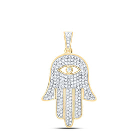 10K Yellow Gold Round Diamond Eye Of Fatima Hamsa Hand Charm Pendant 3/8 Cttw - Splendid Jewellery