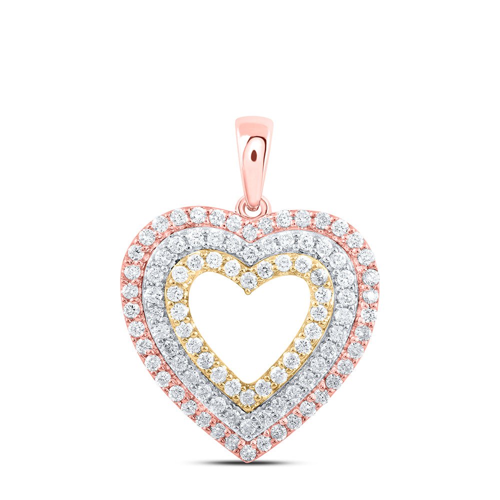 10K Tri - Tone Gold Round Diamond Womens Triple Heart Pendant 1/2 Cttw - Splendid Jewellery
