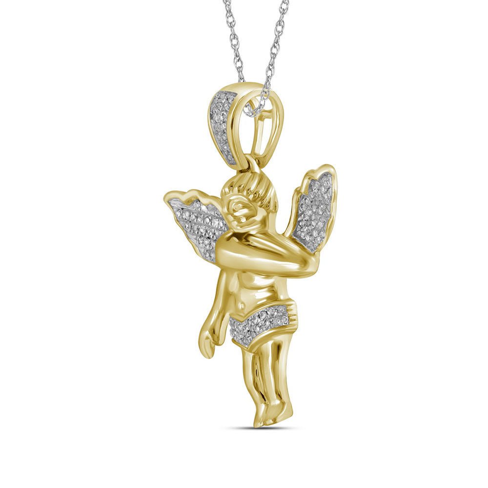10K Yellow Gold Round Diamond Polished 3d Guardian Angel Cherub Charm Pendant 1/6 Cttw - Splendid Jewellery