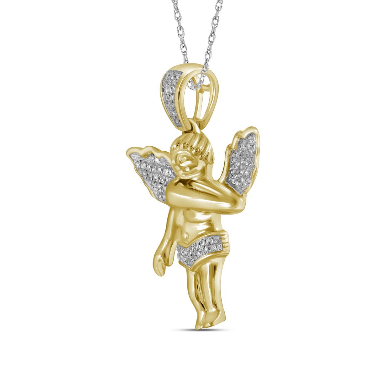 10K Yellow Gold Round Diamond Polished 3d Guardian Angel Cherub Charm Pendant 1/6 Cttw - Splendid Jewellery