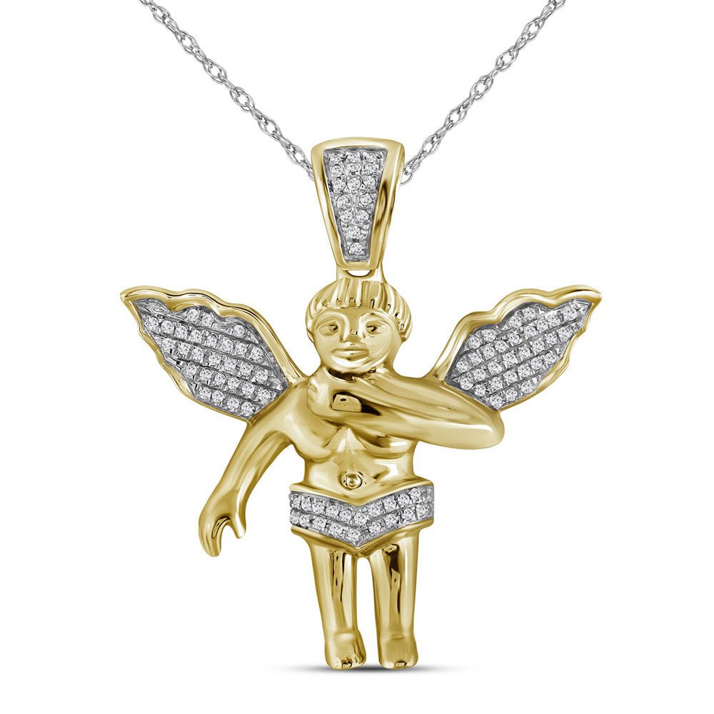 10K Yellow Gold Round Diamond Polished 3d Guardian Angel Cherub Charm Pendant 1/6 Cttw - Splendid Jewellery