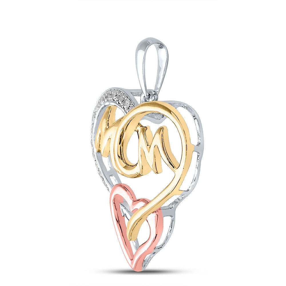 Sterling Silver Round Diamond Sterling Silver Womens Tri - Tone Mom Mother Heart Pendant 1/20 Cttw - Splendid Jewellery