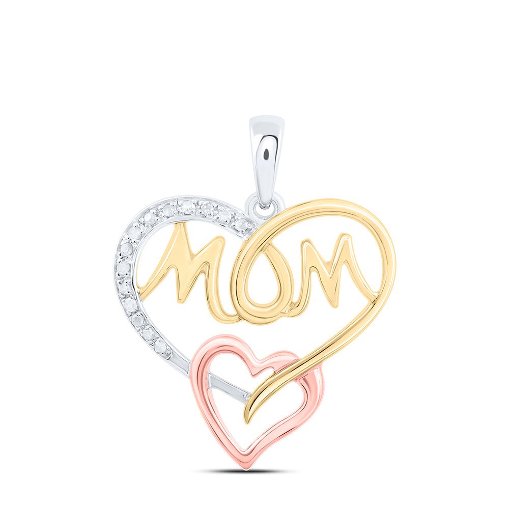 Sterling Silver Round Diamond Sterling Silver Womens Tri - Tone Mom Mother Heart Pendant 1/20 Cttw - Splendid Jewellery