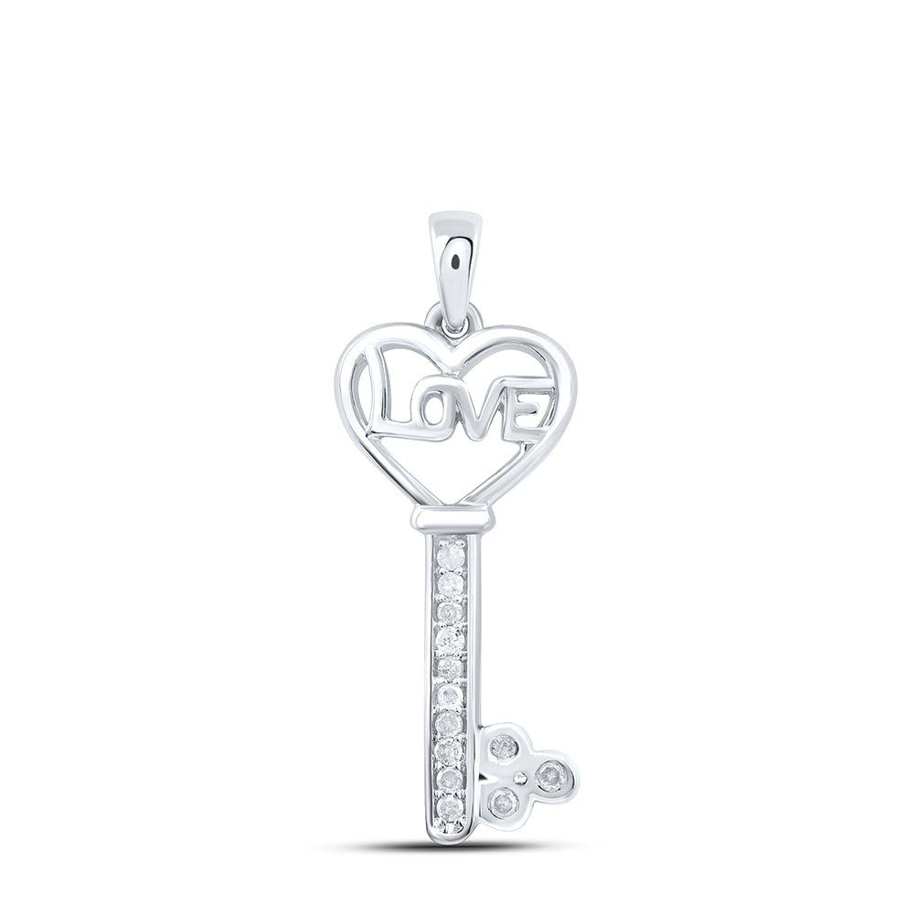 Sterling Silver Round Diamond Sterling Silver Womens Love Key Pendant 1/10 Cttw - Splendid Jewellery