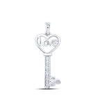 Sterling Silver Round Diamond Sterling Silver Womens Love Key Pendant 1/10 Cttw - Splendid Jewellery