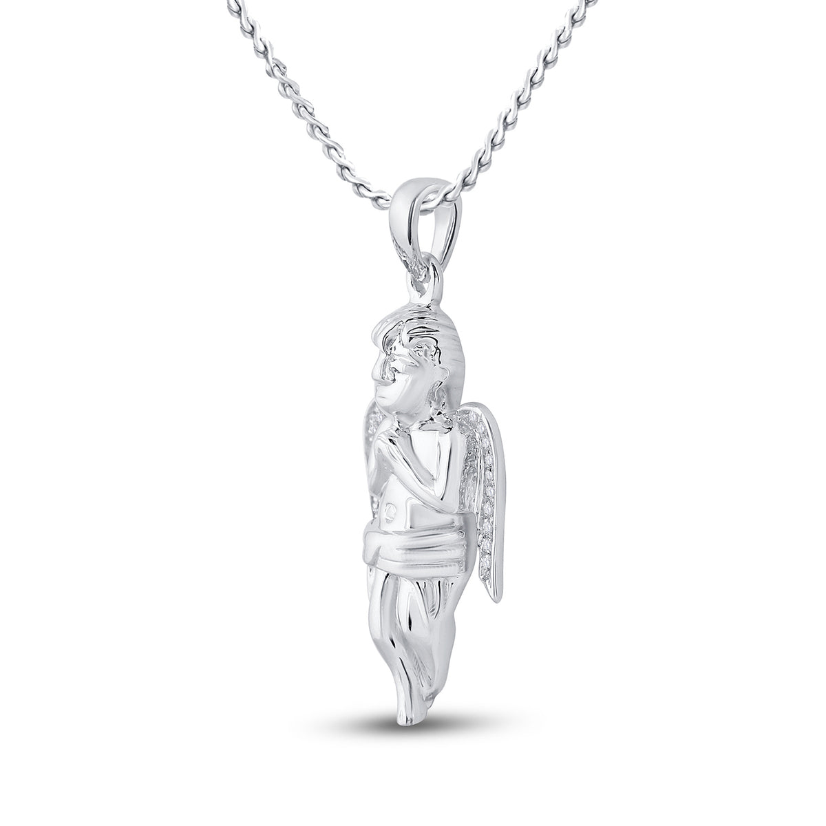 Sterling Silver Round Diamond Womens Small Praying Guardian Angel Cherub Polished Charm Pendant 1/20 Cttw - Splendid Jewellery