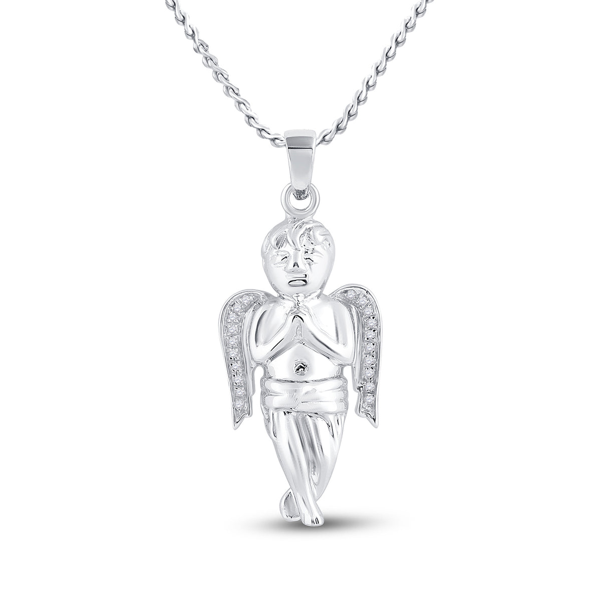 Sterling Silver Round Diamond Womens Small Praying Guardian Angel Cherub Polished Charm Pendant 1/20 Cttw - Splendid Jewellery