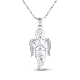 Sterling Silver Round Diamond Womens Small Praying Guardian Angel Cherub Polished Charm Pendant 1/20 Cttw - Splendid Jewellery