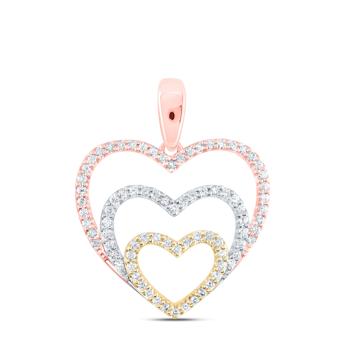 10K Tri - Tone Gold Round Diamond Womens Triple Nested Heart Pendant 1/3 Cttw - Splendid Jewellery