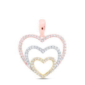 10K Tri - Tone Gold Round Diamond Womens Triple Nested Heart Pendant 1/3 Cttw - Splendid Jewellery