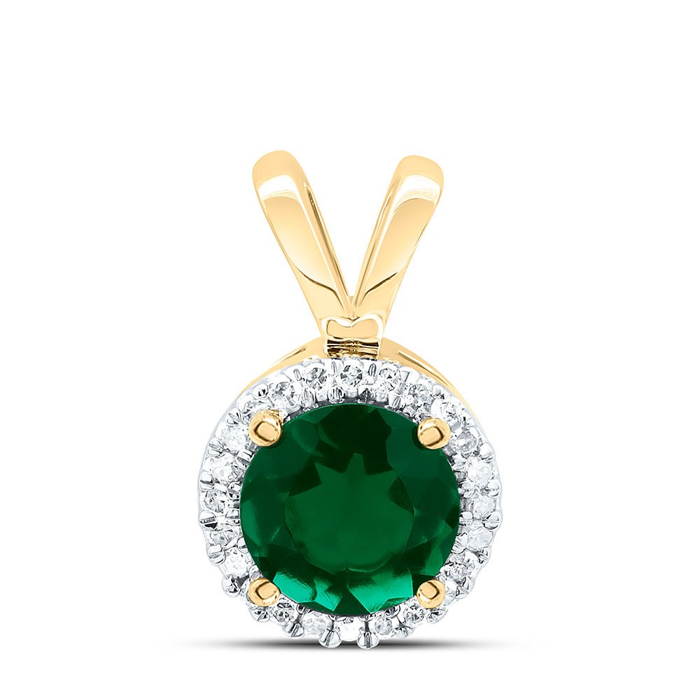 10K Yellow Gold Round Lab - Created Emerald Solitaire & Halo Pendant 1/10 Cttw - Splendid Jewellery