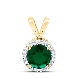 10K Yellow Gold Round Lab - Created Emerald Solitaire & Halo Pendant 1/10 Cttw - Splendid Jewellery