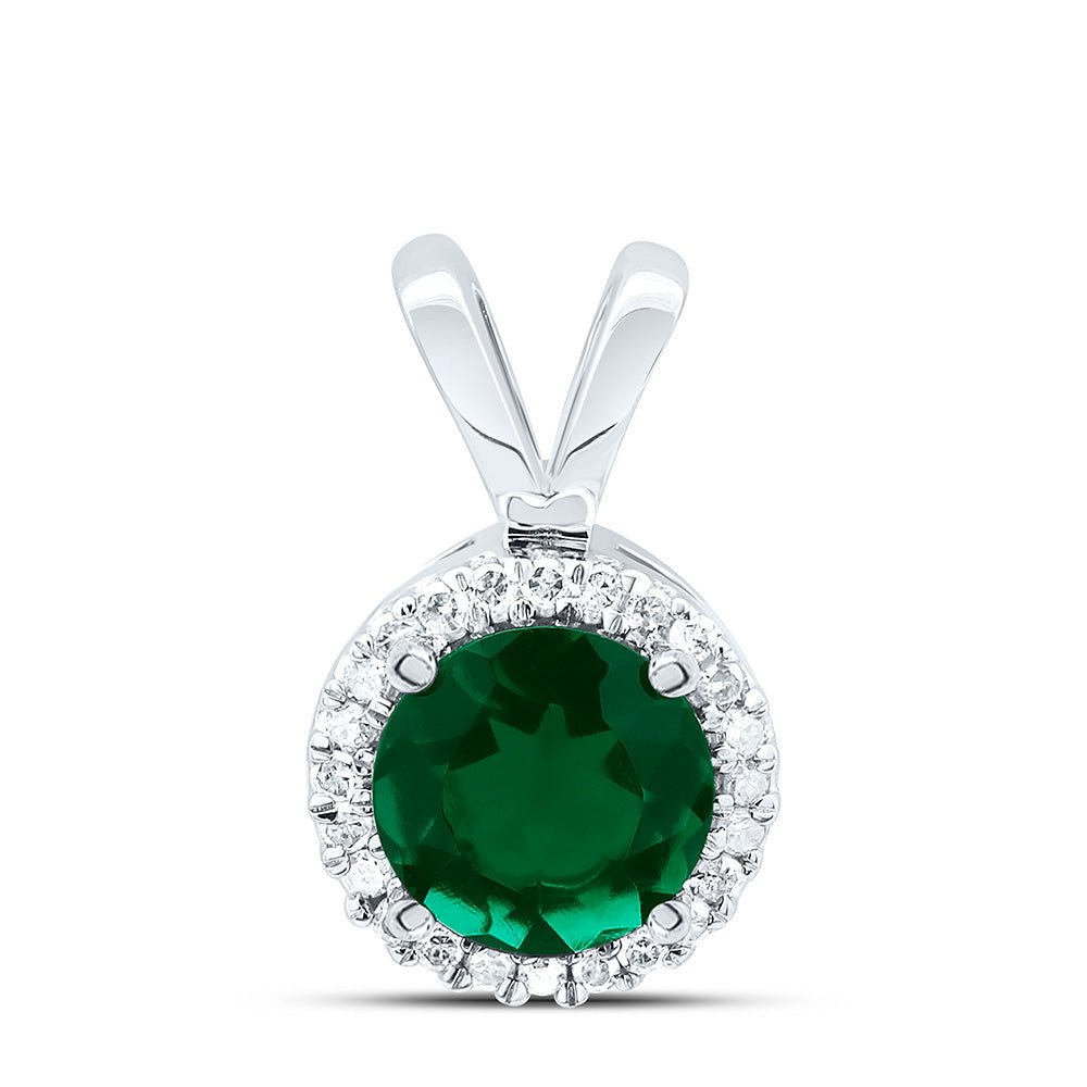 10K White Gold Round Lab - Created Emerald Solitaire & Halo Pendant 1/10 Cttw - Splendid Jewellery
