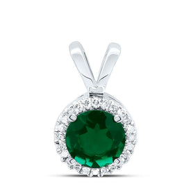 10K White Gold Round Lab - Created Emerald Solitaire & Halo Pendant 1/10 Cttw - Splendid Jewellery