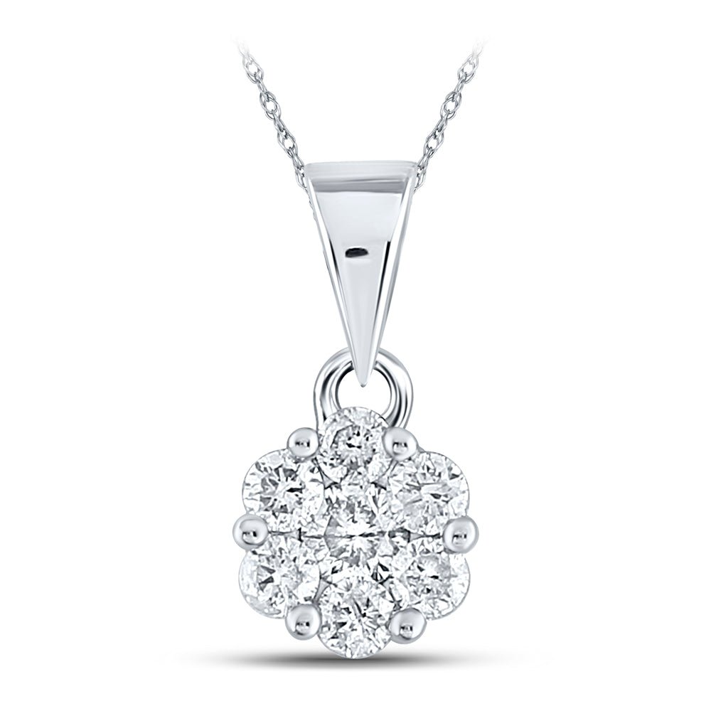 14K White Gold Round Diamond Womens Flower Cluster Pendant 1/2 Cttw - Splendid Jewellery