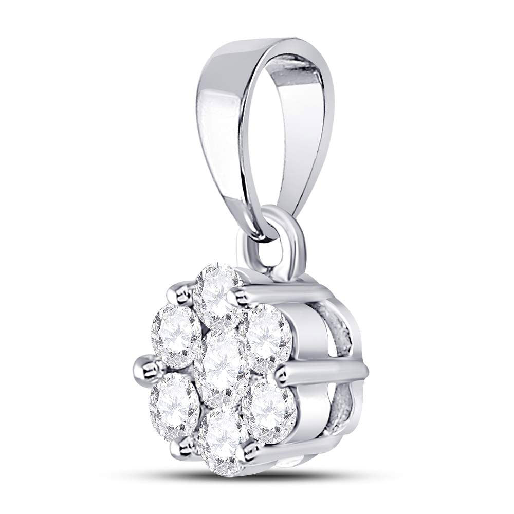 14K White Gold Round Diamond Womens Flower Cluster Pendant 1/2 Cttw - Splendid Jewellery