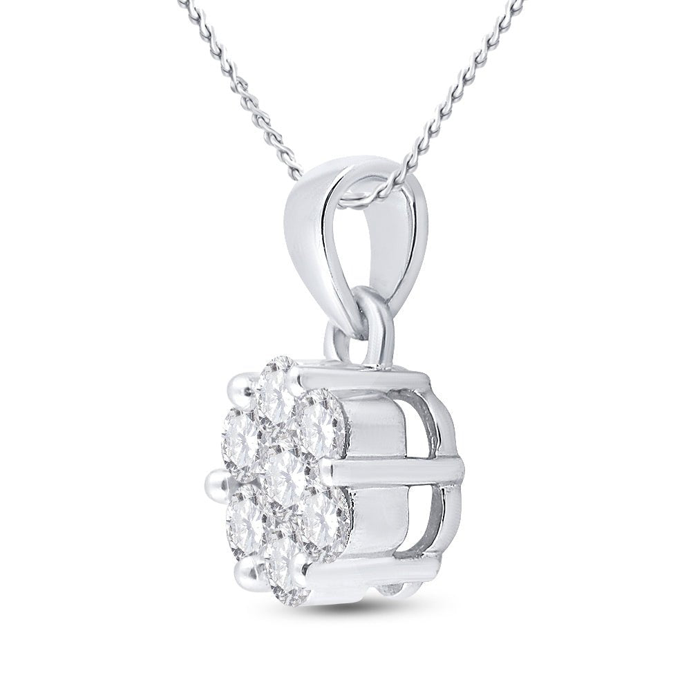 14K White Gold Round Diamond Womens Flower Cluster Pendant 1 Cttw - Splendid Jewellery