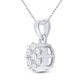 14K White Gold Round Diamond Womens Flower Cluster Pendant 1 Cttw - Splendid Jewellery