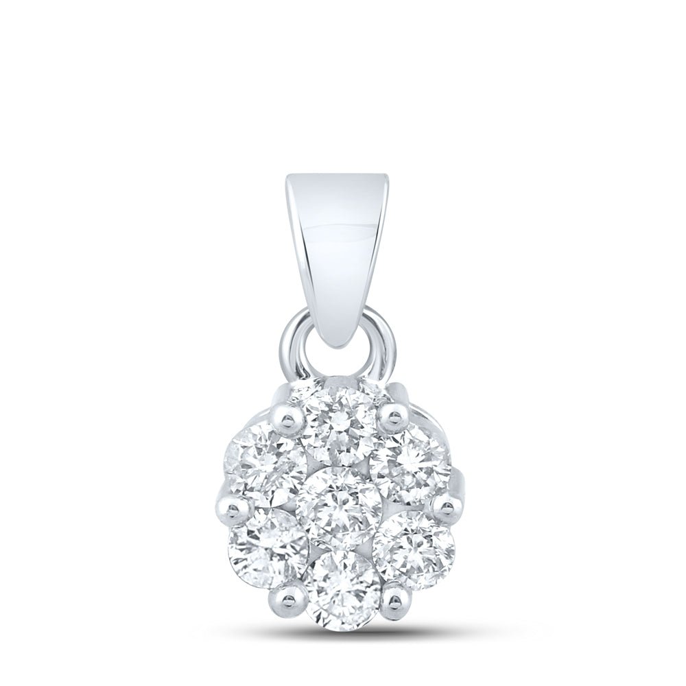 14K White Gold Round Diamond Womens Flower Cluster Pendant 1 Cttw - Splendid Jewellery