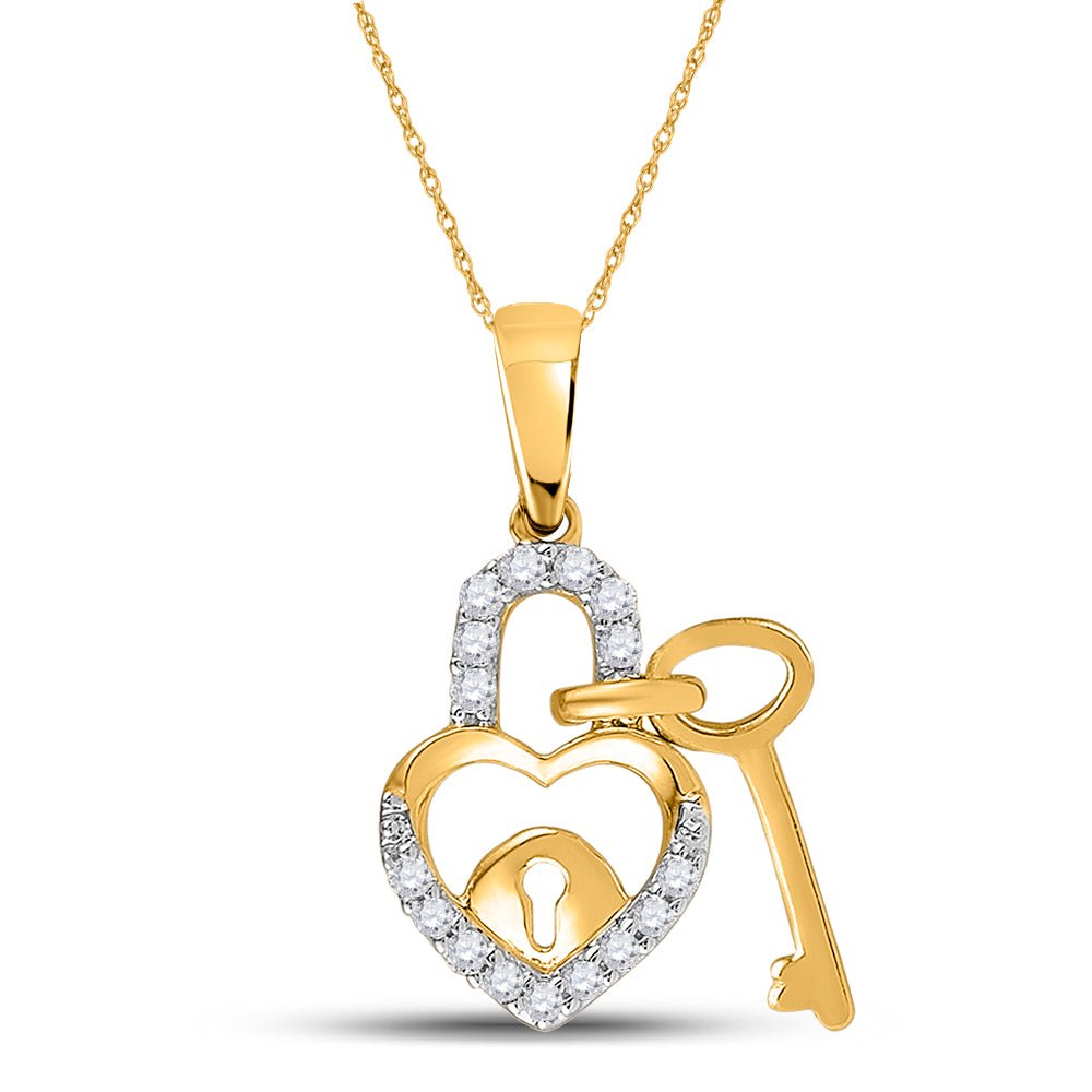 10K Yellow Gold Round Diamond Womens Heart Lock Key Dangle Pendant 1/10 Cttw - Splendid Jewellery