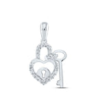 10K White Gold Round Diamond Womens Heart Lock Key Dangle Pendant 1/10 Cttw - Splendid Jewellery