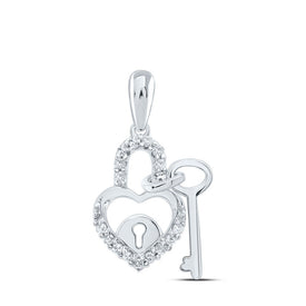 10K White Gold Round Diamond Womens Heart Lock Key Dangle Pendant 1/10 Cttw - Splendid Jewellery