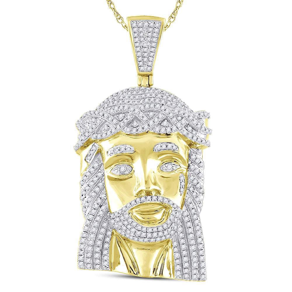 10K Yellow Gold Round Diamond Jesus Face Charm Pendant 1 5/8 Cttw - Splendid Jewellery