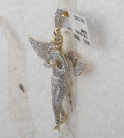 10K Yellow Gold Round Diamond Angel Wings Cherub Charm Pendant 1 Cttw - Splendid Jewellery