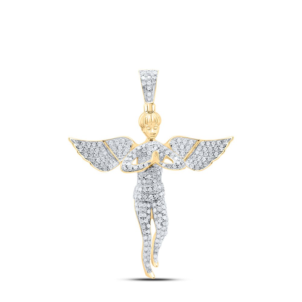 10K Yellow Gold Round Diamond Angel Wings Cherub Charm Pendant 1 Cttw - Splendid Jewellery