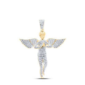 10K Yellow Gold Round Diamond Angel Wings Cherub Charm Pendant 1 Cttw - Splendid Jewellery