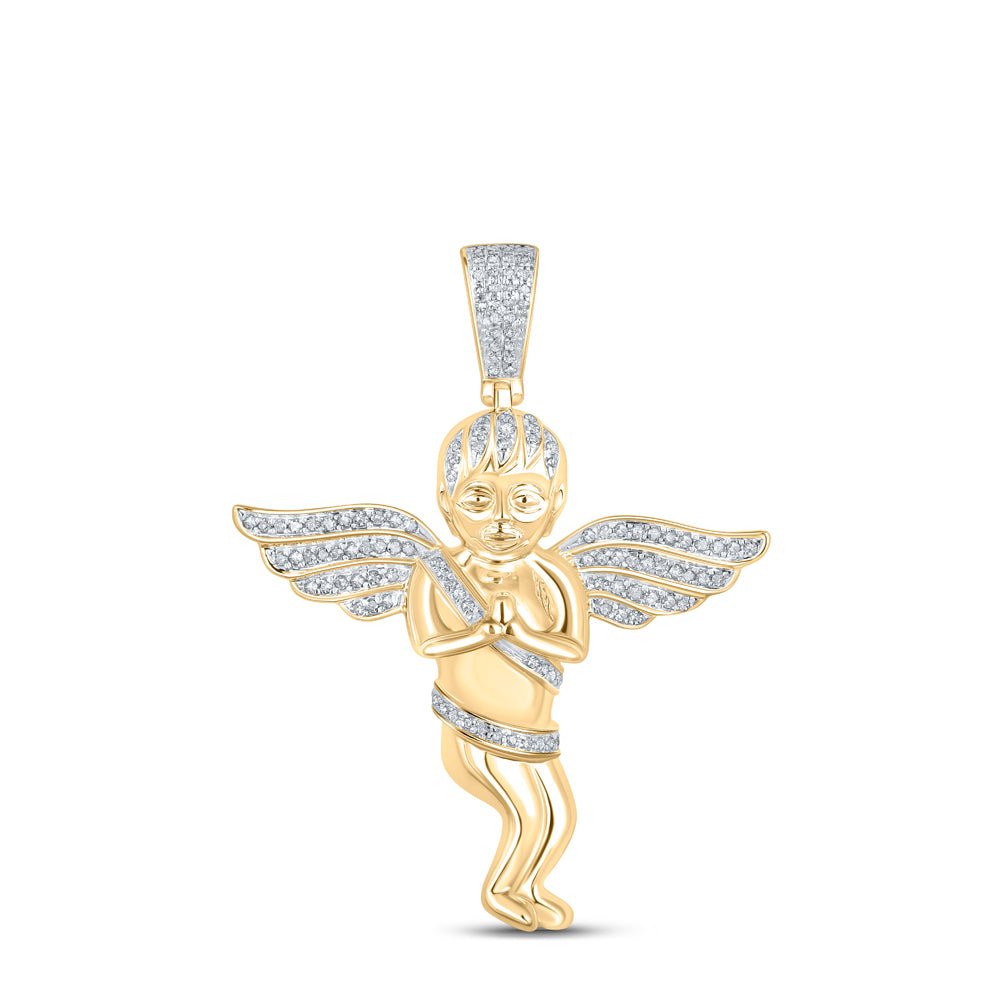 10K Yellow Gold Round Diamond Angel Wings Cherub Charm Pendant 1/2 Cttw - Splendid Jewellery