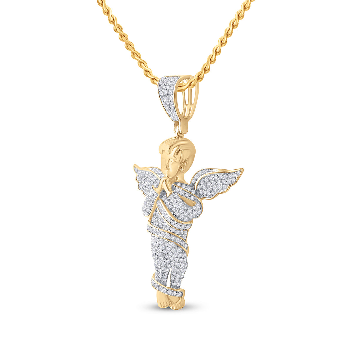 10K Yellow Gold Round Diamond Praying Angel Wings Charm Pendant 7/8 Cttw - Splendid Jewellery
