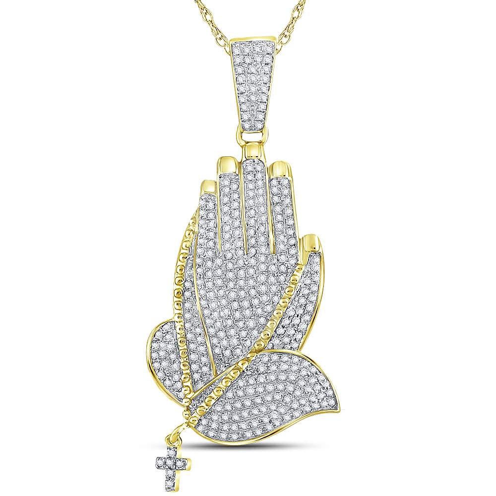 10K Yellow Gold Round Diamond Praying Hands Rosary Charm Pendant 7/8 Cttw - Splendid Jewellery