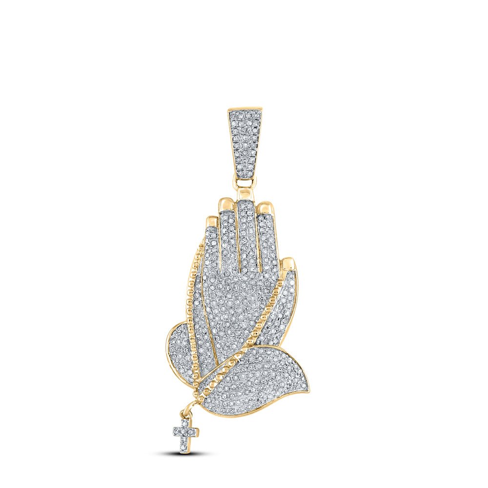 10K Yellow Gold Round Diamond Praying Hands Rosary Charm Pendant 7/8 Cttw - Splendid Jewellery